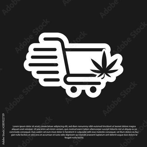 Black Shopping cart with marijuana or cannabis leaf icon isolated on black background. Online buying. Delivery service. Supermarket basket. Vector Illustration