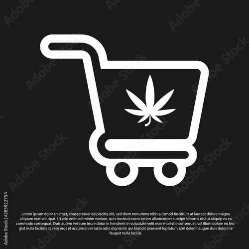 Black Shopping cart with marijuana or cannabis leaf icon isolated on black background. Online buying. Delivery service. Supermarket basket. Vector Illustration