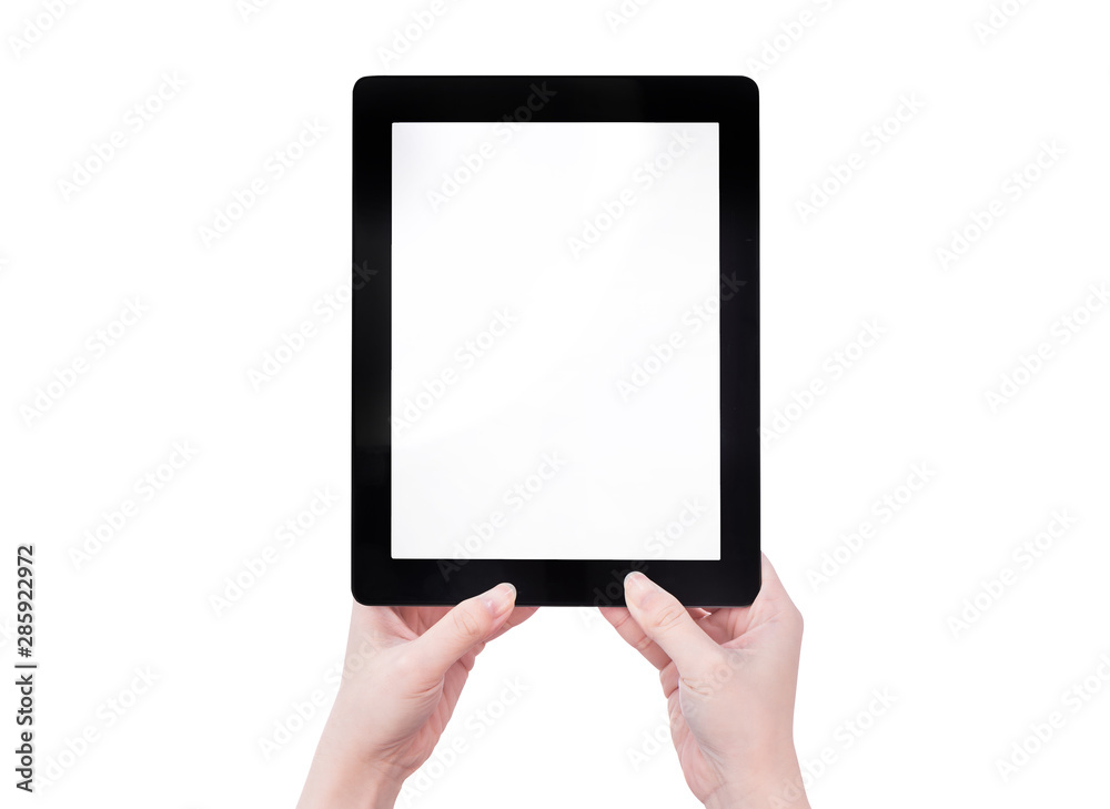 Young beautiful girl holding a black tablet pc template with white screen isolated on white background, close up, mock up, clipping path, cut out Young beautiful girl holding a black tablet pc template with white screen isolated on white background, close up, mock up, clipping path, cut out