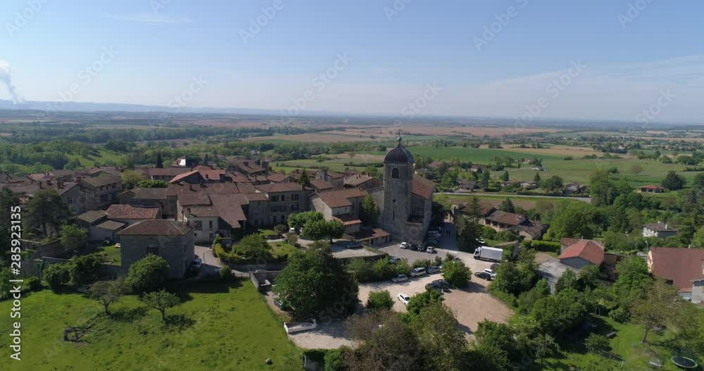 Pérouges aerial back traveling, Ain, labelled Les Plus Beaux Villages de France Pérouges aerial back traveling, Ain, labelled Les Plus Beaux Villages de France