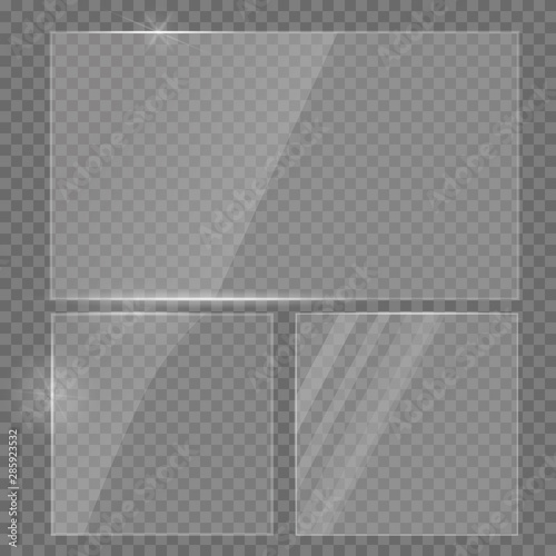 Glass plate realistic vector set. Glass transparent banners set. Realistic window mockup. 