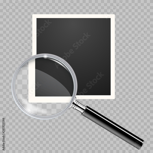 Old blank square photo with magnifying glass with magnifying effect on a transparent background. Transparent magnifying glass on a blank photo frame