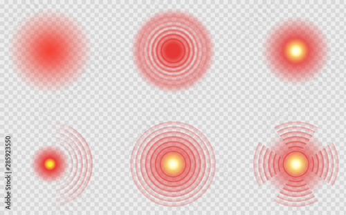 Pain red circle or localization mark. Red painful target spot, targeting medication remedy circle and joint pain spots.