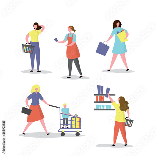 Female characters in various poses with shopping bags and cart.Set of lady shoppers,