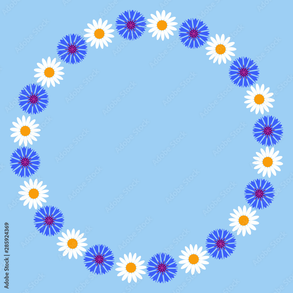 Decorative floral round frame with wild flowers daisies and cornflowers. Vector illustration EPS10. The brush is attached to the file.