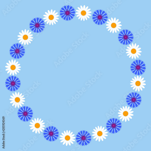 Decorative floral round frame with wild flowers daisies and cornflowers. Vector illustration EPS10. The brush is attached to the file.