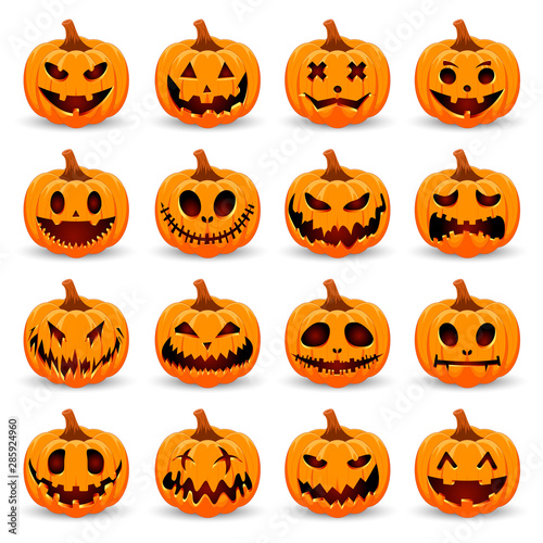 Set pumpkin on white background. The main symbol of the Happy Halloween holiday. Orange pumpkin with smile for your design for the holiday Halloween. Vector illustration.	