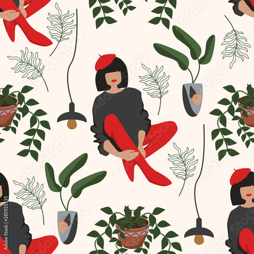 seamless pattern with abstract girl and flowerpots - vector illustration, eps