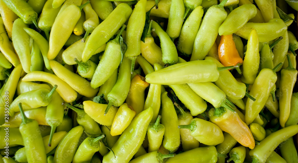 sweet peppers, thin, light green and yellow, used as spices or grilled, at local vegetable market, agriculture, food, vitamins, nourishment, nutrition, summer, background, basket, Milan, Italy