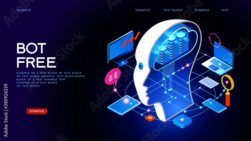 Virtual help website or mobile application. Chat Bot Free Robot. The concept of artificial intelligence. 3d vector isometric illustration.