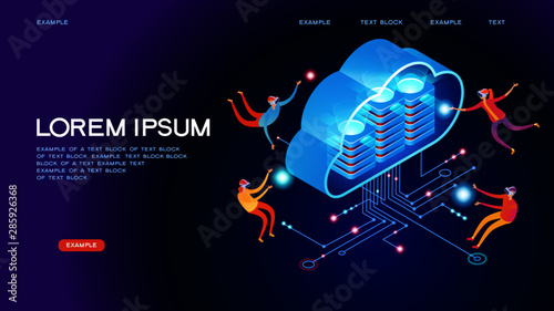 Deep learning. Big data AND artificial intelligence concept. People interact with artificial intelligence. 3d vector isometric illustration.