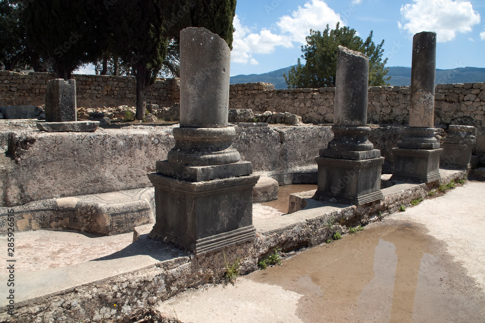 Volubilis Morocco,  view of roman ruins including building with columns and baths