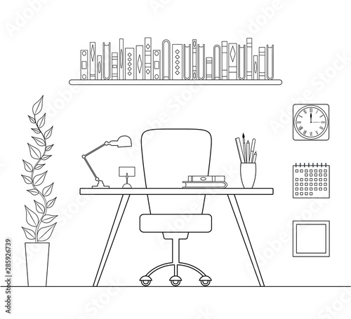 Head office in a linear style. The interior of the study room or personal office in an outline, style. Vector coloring page.