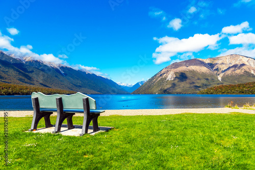 Bench at Rotoiti Lake, Nelson Lakes National Park, New Zealand. photo