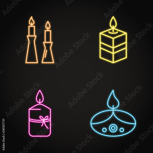 Bright candles icon set in neon line style