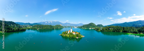 Lake Bled and the Church island of the assumption of Mary, Aerial image on a beautiful Slovenian summer day.