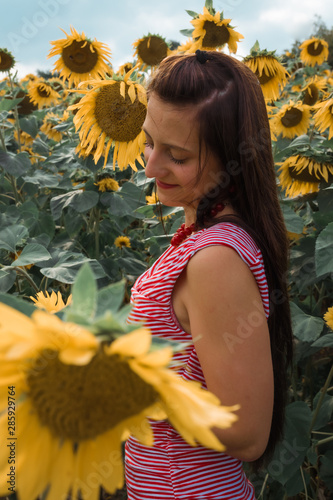 Fotografía woman in a sunflower field looks down dreamily
