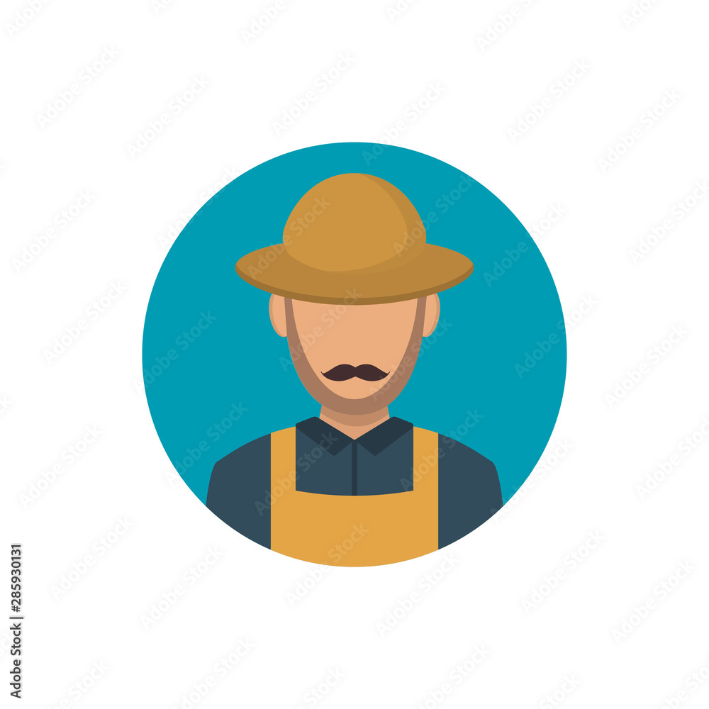 Vector flat icon of worker. Farmer vector icon. Farmer with beard. Man with the beard and mustache.