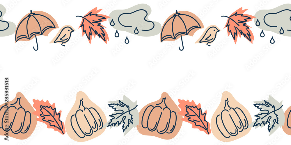 Fototapeta premium Cute vector seamless border with autumn maple leaves, pumpkins, umbrellas, birds, clouds and rain.