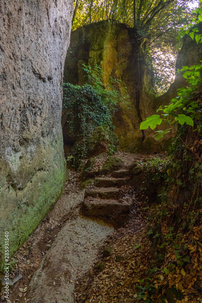 Le incredibili vie cave, sentieri scavati nella roccia di tufo dagli etruschi in Toscana, tra Pitigliano e Sorano, Italia Le incredibili vie cave, sentieri scavati nella roccia di tufo dagli etruschi in Toscana, tra Pitigliano e Sorano, Italia