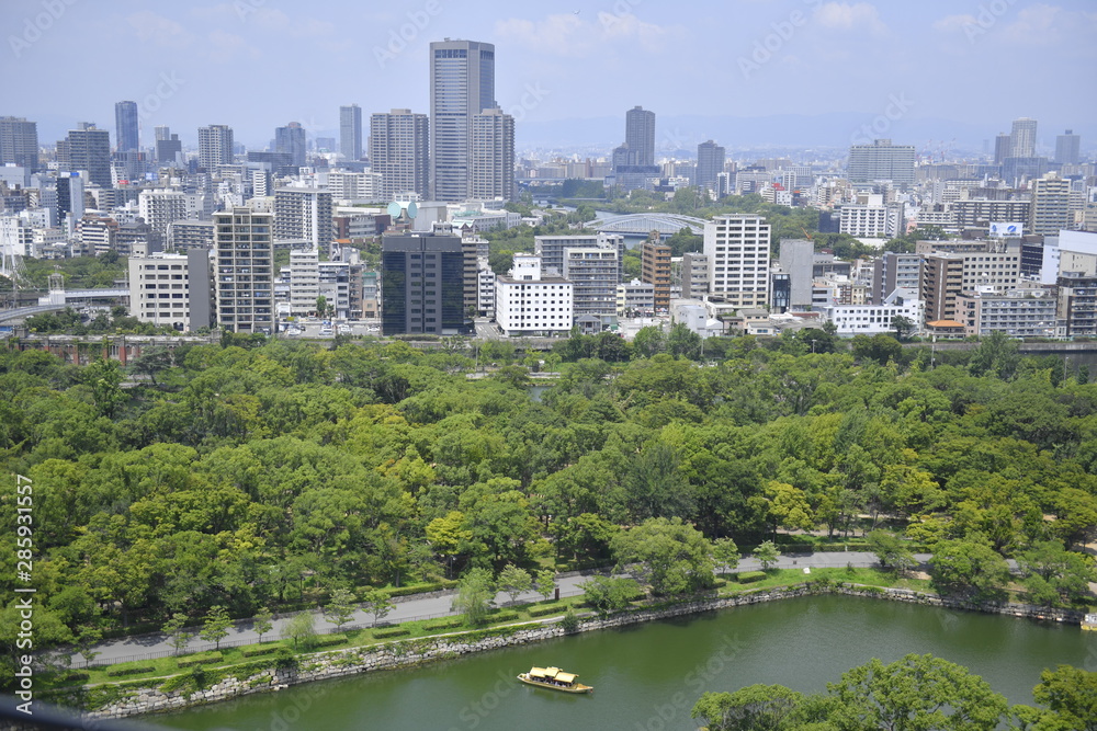 Aerial view around Osaka castle shooting from a roof of Osaka Castle, Japan