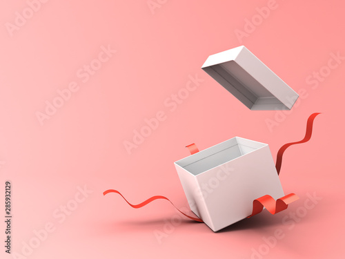 Blank open white gift box with red ribbons isolated on pink pastel color background with shadow 3D rendering