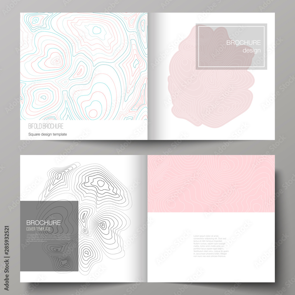 The vector illustration of the editable layout of two covers templates for square design bifold brochure, magazine, flyer, booklet. Topographic contour map, abstract monochrome background.