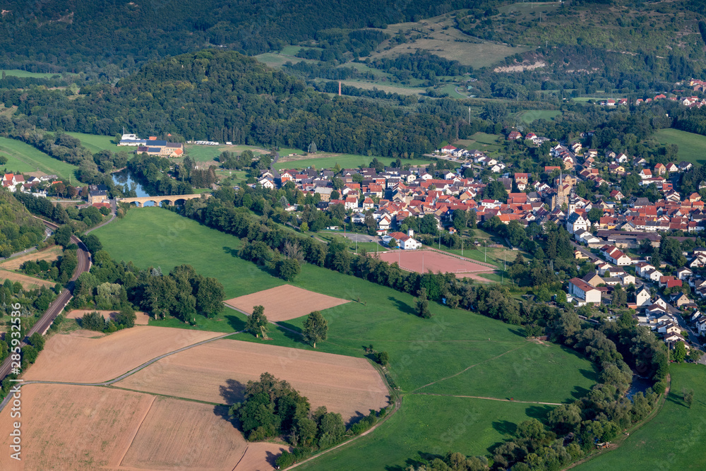 Aerial view at a landscape in Germany, Rhineland Palatinate near Bad Sobernheim with the river Nahe, meadow, farmland, forest, hills, mountains, Staudernheim Aerial view at a landscape in Germany, Rhineland Palatinate near Bad Sobernheim with the river Nahe, meadow, farmland, forest, hills, mountains, Staudernheim
