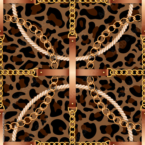 Seamless pattern with belts, chains and rope on leopard skin background