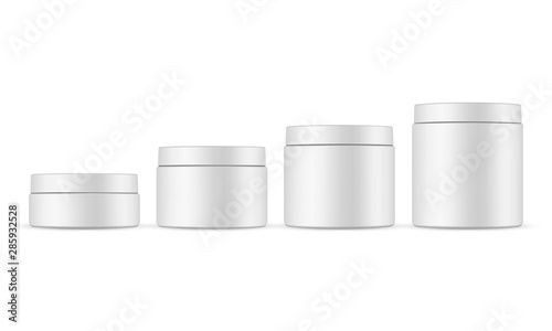 Set of four cosmetic jars mockups isolated on white background. Cosmetics packaging 50ml, 150ml, 200ml, 250 ml. Vector illustration