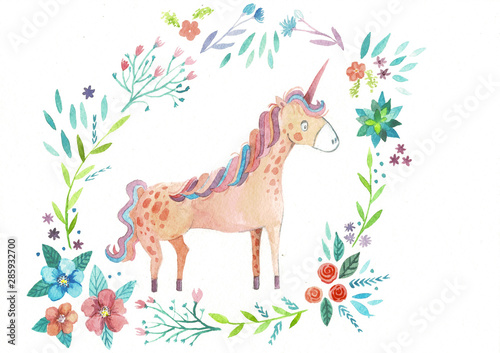 Isolated cute watercolor unicorn clipart. Nursery unicorns illustration. Princess unicorns poster. Trendy pink cartoon horse