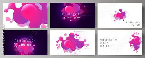 The minimalistic abstract vector illustration of the editable layout of the presentation slides design business templates. Black background with fluid gradient, liquid pink colored geometric element.