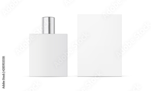 Perfume bottle with metal cap and packaging box mockup isolated on white background. Vector illustration