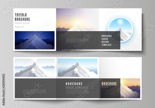 Minimal vector editable layout of square format covers design templates for trifold brochure, flyer, magazine. Mountain illustration, outdoor adventure. Travel concept background. Flat design vector.