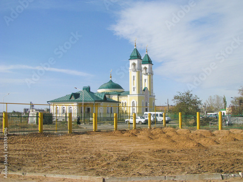 The newly built Muslim mosque. Domes and crescent. Arrangement of adjacent territory