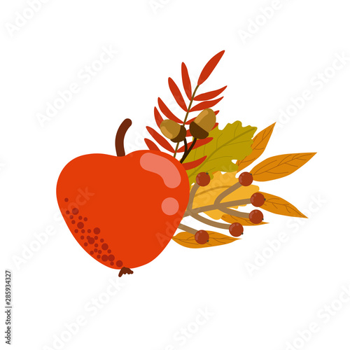 Composition with leaves and berries. Beautiful autumn boutonniere with apple, berries and leaves