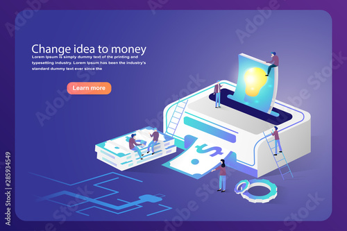 Financial and business strategy change idea to money. Isometric of human teamwork printout lamp idea to dollar banknote on blue background. Vector illustration website, templates, landing page design.