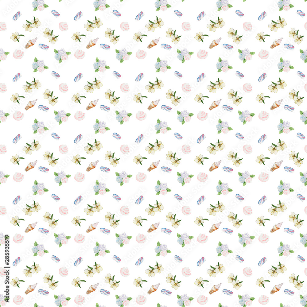 Seamless pattern, watercolor, vanilla flowers, marshmallows, ice cream floral ornament, fruits for texitil, scrap paper, website background