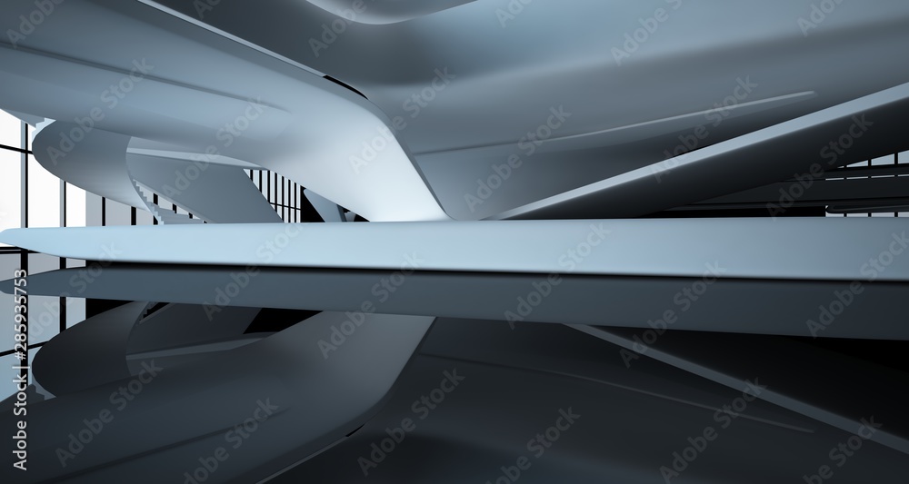 Abstract smooth architectural white and black gloss interior of a minimalist house with large windows. 3D illustration and rendering.