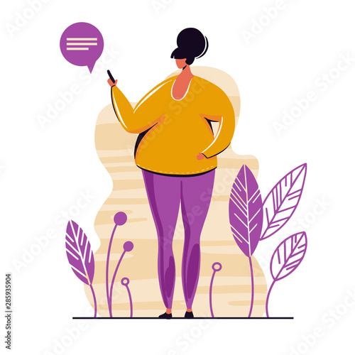 Young woman chatting on social media network with friends. Using smartphone for surfing on web,girl addicted to internet and digital gadgets.Vector illustration with flat cartoon character.