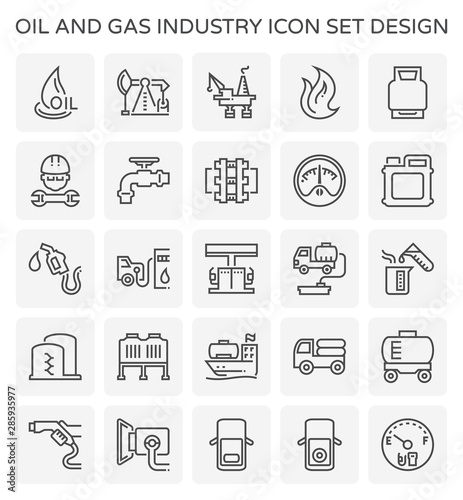 Oil and gas industry icon i.e. global process of exploration, extraction and refinery. Transport by oil tanker and pipeline. Business of petroleum product. Gas station and refuel. Vector icon set.