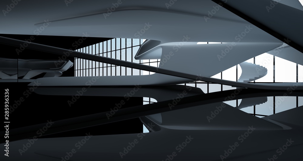 Abstract smooth architectural white and black gloss interior of a minimalist house with large windows. 3D illustration and rendering.