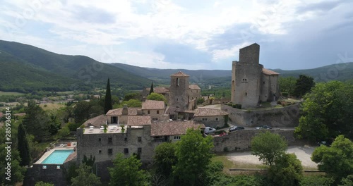 Poët-Laval village, aerial lateral traveling, Drôme, labelled Les Plus Beaux Villages de France.