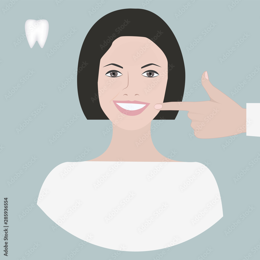 Dentist icon. Woman with a smile, hand shows beautiful teeth - vector. Tooth protection. Dentist icon. Woman with a smile, hand shows beautiful teeth - vector. Tooth protection.