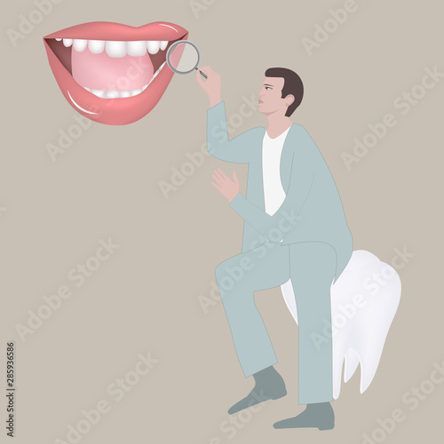 Dentistry - a doctor with a magnifying glass in his hand looks at beautiful female teeth, tools, - vector. Tooth protection. Dentist icon.