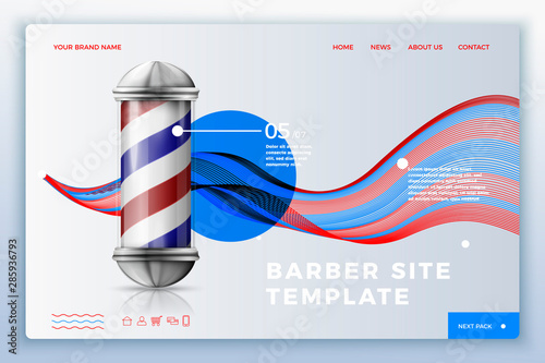 Vector realistic 3d barber site template with pole on bright modern background. Mock-up for product package branding.
