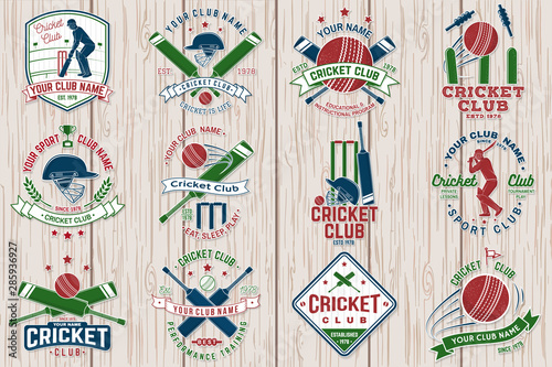 Cricket club patch or sticker. Vector. Concept for shirt, stamp or tee. Vintage typography design with bat , wicket, bail and cricket ball silhouette. Templates for sports club.