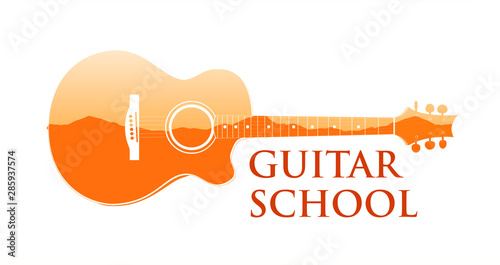 Logo emblem for Guitar music school. Vector illustration of silhouette of guitar with caption on white background isolated - Royalty Free