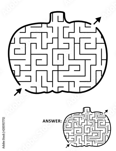 Halloween maze or labyrinth, pumpkin shaped. Answer included.