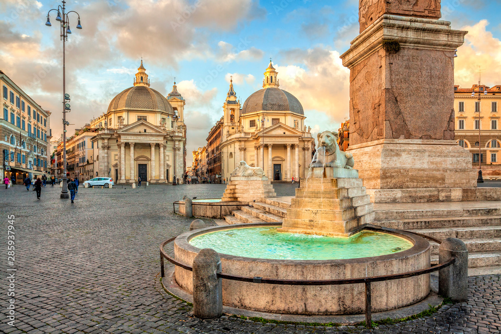 Piazza del Popolo (People's Square), Rome, Italy. Churches of Santa Maria in Montesanto and Santa Maria dei Miracoli. Egyptian obelisk of Ramesses II. Rome architecture and landmark.
